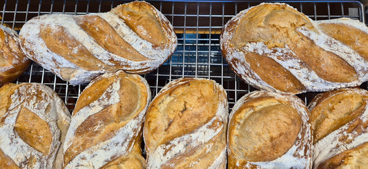 A bunch of loaves of bread sitting on a rack