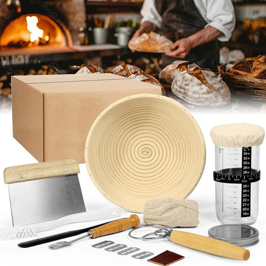 Lame Bread Proofing Basket Kit 650ml Sourdough Starter Jar with Thermometer Kit Dough Scrapers Dough Whisk Cleaning Brush