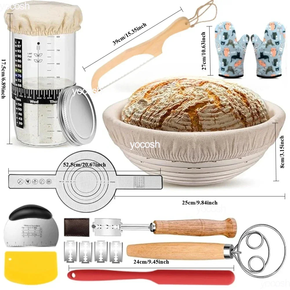 Professional Baking Tools 24 Oz Sourdough Starter Jar Pastry Mat Scraper Bread Slicing Knife Gloves for Home DIY Baking Kit