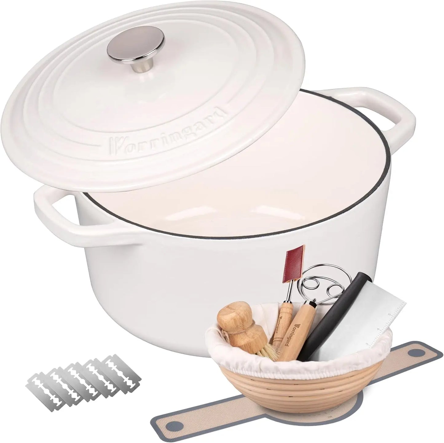 Nonna Bella 4.5Qt Enameled Cast Iron Dutch Oven:  Includes Bread Baking Set –Multiple Color Options