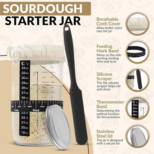 Lame Bread Proofing Basket Kit 650ml Sourdough Starter Jar with Thermometer Kit Dough Scrapers Dough Whisk Cleaning Brush