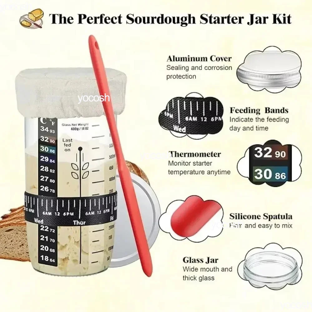 Professional Baking Tools 24 Oz Sourdough Starter Jar Pastry Mat Scraper Bread Slicing Knife Gloves for Home DIY Baking Kit