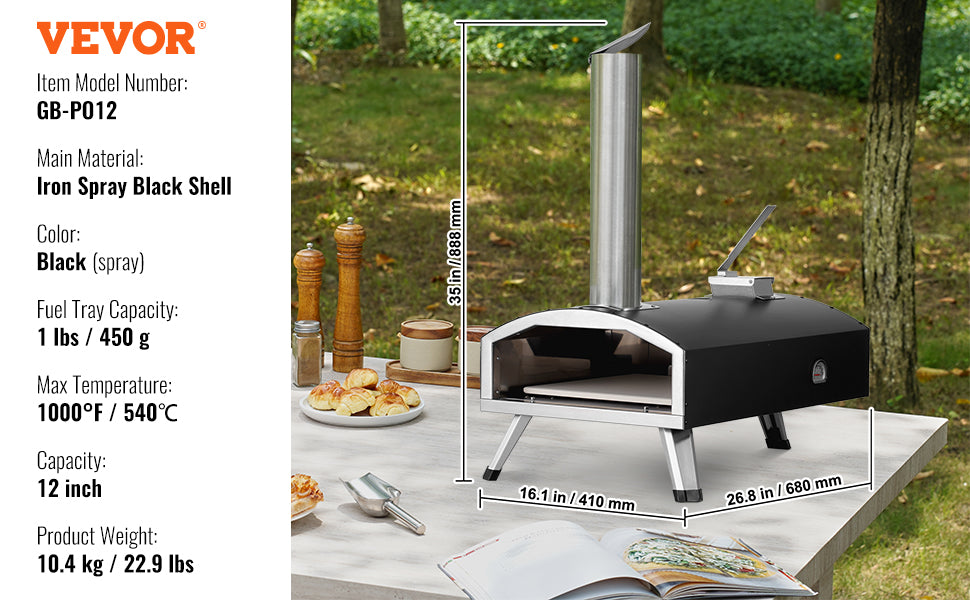 VEVOR Portable Outdoor Oven, 12-inch Pizza Oven, Pellet & Chips & Charcoal Tri-Fuel, Iron Spray Pizza Grill,Includes Pizza Stone