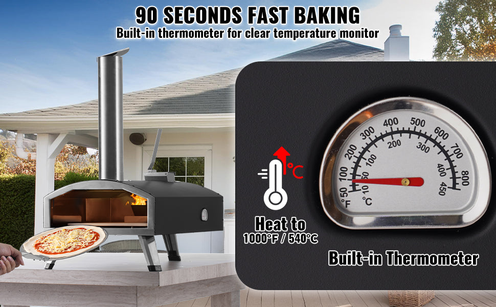 VEVOR Portable Outdoor Oven, 12-inch Pizza Oven, Pellet & Chips & Charcoal Tri-Fuel, Iron Spray Pizza Grill,Includes Pizza Stone